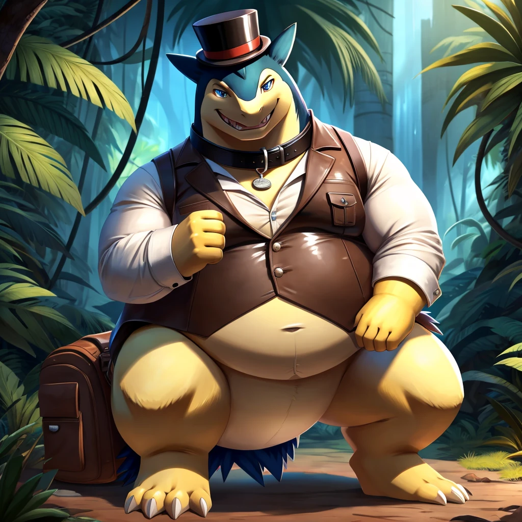 Solo, Male, fat, squatting, extremely obese, gentleman, dapper Professor Typhlosion, blue eyes, (soft shading), 4k, hi res, ((detailed face, detailed)), looking at viewer, evil grin, jungle, forest, collared shirt with buttons, top hat, male focus, Safari Outfit, glasses, monocle, bag, vest with buttons, backpack, sleeves rolled up, round eyewear, brown headwear, brown vest, Typhlosion is wearing a glossy leather dog collar around the neck, Typhlosion is wearing the leather collar and shirt and vest at the same time, Typhlosion is wearing glossy white rubber gloves on the hands, wearing white rubber gloves on the feet, Typhlosion is wearing glossy white cuffs around the wrists with cufflinks, gloves are rubber in texture, clenching teeth, clenching fists, leather collar is glossy and shiny with a lot of detail, Typhlosion is wearing gloves and cuffs and cufflinks at the same time, leather collar has a round dog-tag, leather collar is thick and detailed.