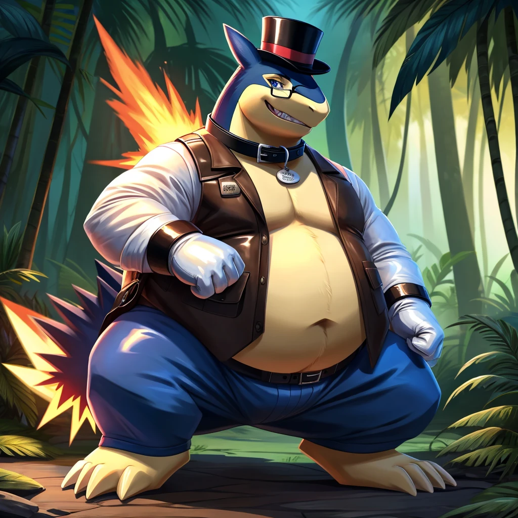 Solo, Male, fat, squatting, extremely obese, gentleman, dapper Professor Typhlosion, blue eyes, (soft shading), 4k, hi res, ((detailed face, detailed)), looking at viewer, evil grin, jungle, forest, collared shirt with buttons, top hat, male focus, Safari Outfit, glasses, monocle, bag, vest with buttons, backpack, sleeves rolled up, round eyewear, brown headwear, brown vest, Typhlosion is wearing a glossy leather dog collar around the neck, Typhlosion is wearing the leather collar and shirt and vest at the same time, Typhlosion is wearing glossy white rubber gloves on the hands, wearing white rubber gloves on the feet, Typhlosion is wearing glossy white cuffs around the wrists with cufflinks, gloves are rubber in texture, clenching teeth, clenching fists, leather collar is glossy and shiny with a lot of detail, Typhlosion is wearing gloves and cuffs and cufflinks at the same time, leather collar has a round dog-tag, leather collar is thick and detailed.