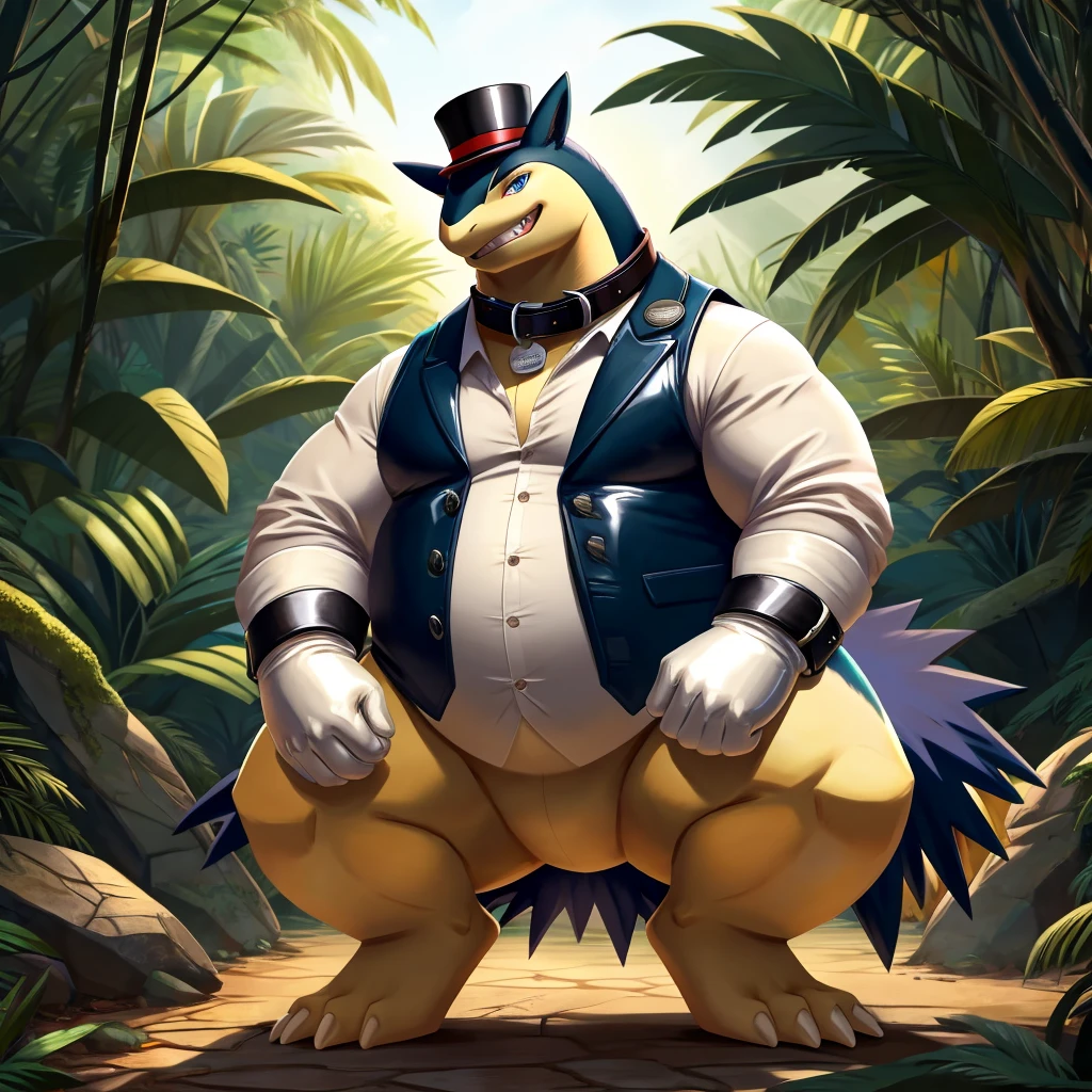 Solo, Male, fat, squatting, extremely obese, gentleman, dapper Professor Typhlosion, blue eyes, (soft shading), 4k, hi res, ((detailed face, detailed)), looking at viewer, evil grin, jungle, forest, collared shirt with buttons, top hat, male focus, Safari Outfit, glasses, monocle, bag, vest with buttons, backpack, sleeves rolled up, round eyewear, brown headwear, brown vest, Typhlosion is wearing a glossy leather dog collar around the neck, Typhlosion is wearing the leather collar and shirt and vest at the same time, Typhlosion is wearing glossy white rubber gloves on the hands, wearing white rubber gloves on the feet, Typhlosion is wearing glossy white cuffs around the wrists with cufflinks, gloves are rubber in texture, clenching teeth, clenching fists, leather collar is glossy and shiny with a lot of detail, Typhlosion is wearing gloves and cuffs and cufflinks at the same time, leather collar has a round dog-tag, leather collar is thick and detailed.