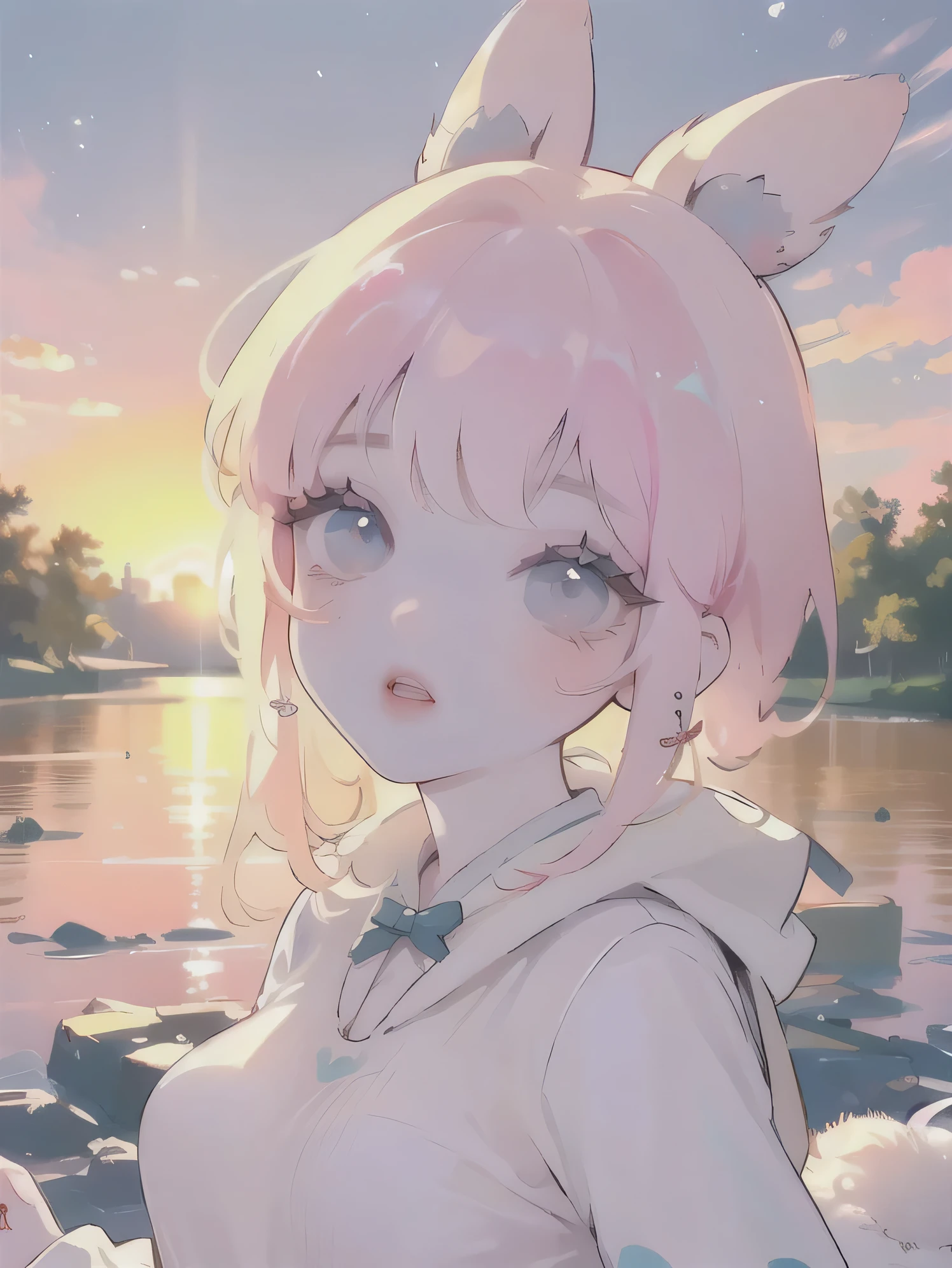 (high quality) (best quality) (a woman) (correct physiognomy) (perfect students) (perfect eyes) anime woman, deep pink, long and fluffy hair, two rabbit ears coming out of her head, blue eyes, lips sensitive, feminine appearance, soft facial features, thin eyebrows, soft skin, rosy cheeks, pink lips, silky eyelashes, dreamy expression, middle age, youthful clothing, print sweatshirt, photo illuminated by sunlight, Woman sitting on the river in sunset.