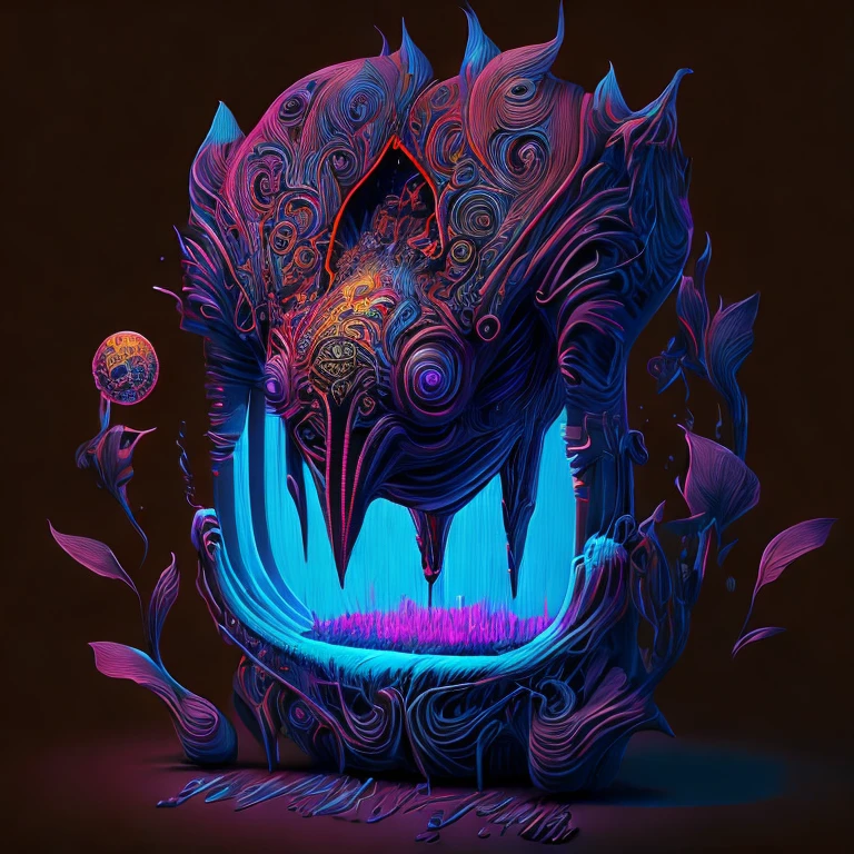 a hypnotic psychedelic illustration of a surreal mystical object, dark neon glow, pop surrealism style, extremely detailed, hyperrealistic, 8k, Behance learned_embeds, (best quality:1.2), (realistic:1.37), cinematic lighting, vibrant colors, intricate details, mesmerizing, Dan Mumford, digital art, concept art, dark fantasy, moody atmosphere, glowing highlights, depth of field, volumetric lighting