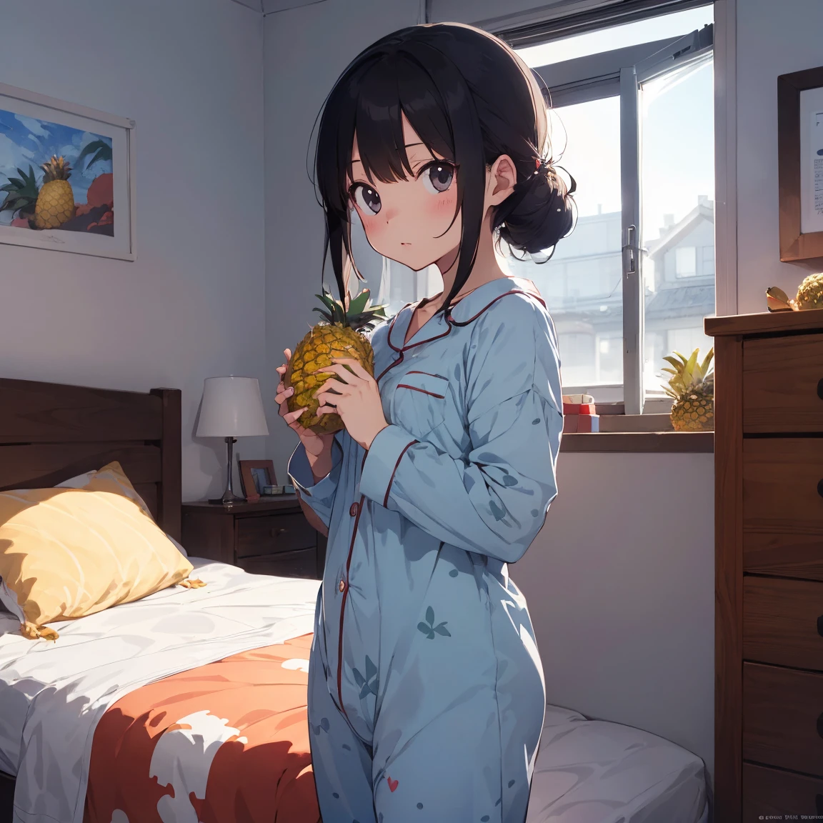 Bedroom, Little in one piece pajamas holding a pineapple, Passion Color, Anime Art Wallpapers 8K, Masterpiece, Gweiz-style artwork, Soft anime illustration, Guvais Art Station pixiv, Google Pix Art Station, Little , pineapple, Light blue chignon hair,Stay Night,whole body