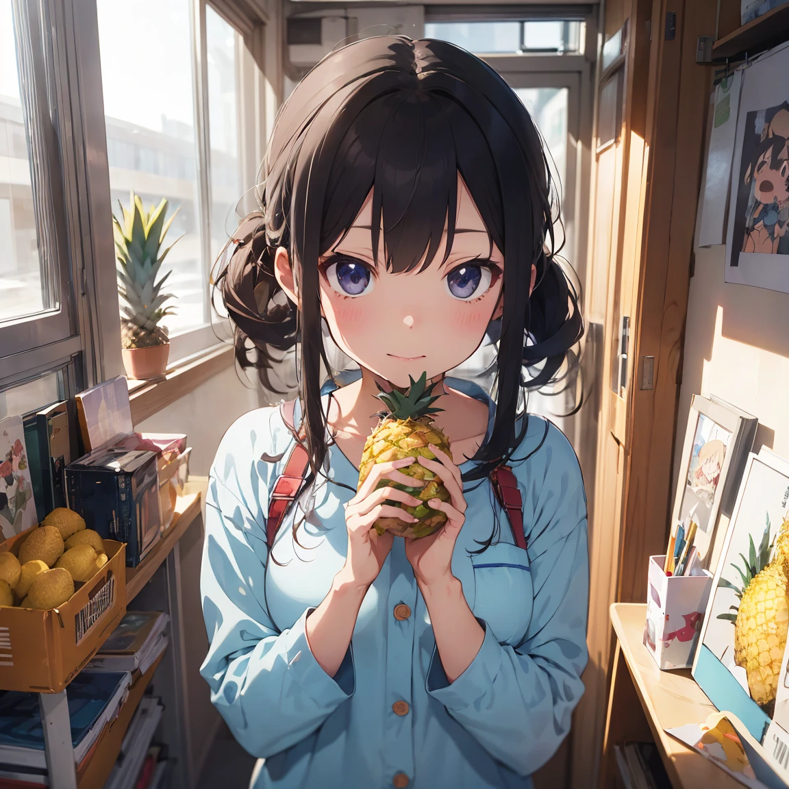 Bedroom, Little in one piece pajamas holding a pineapple, Passion Color, Anime Art Wallpapers 8K, Masterpiece, Gweiz-style artwork, Soft anime illustration, Guvais Art Station pixiv, Google Pix Art Station, Little , pineapple, Light blue chignon hair,Stay Night,whole body