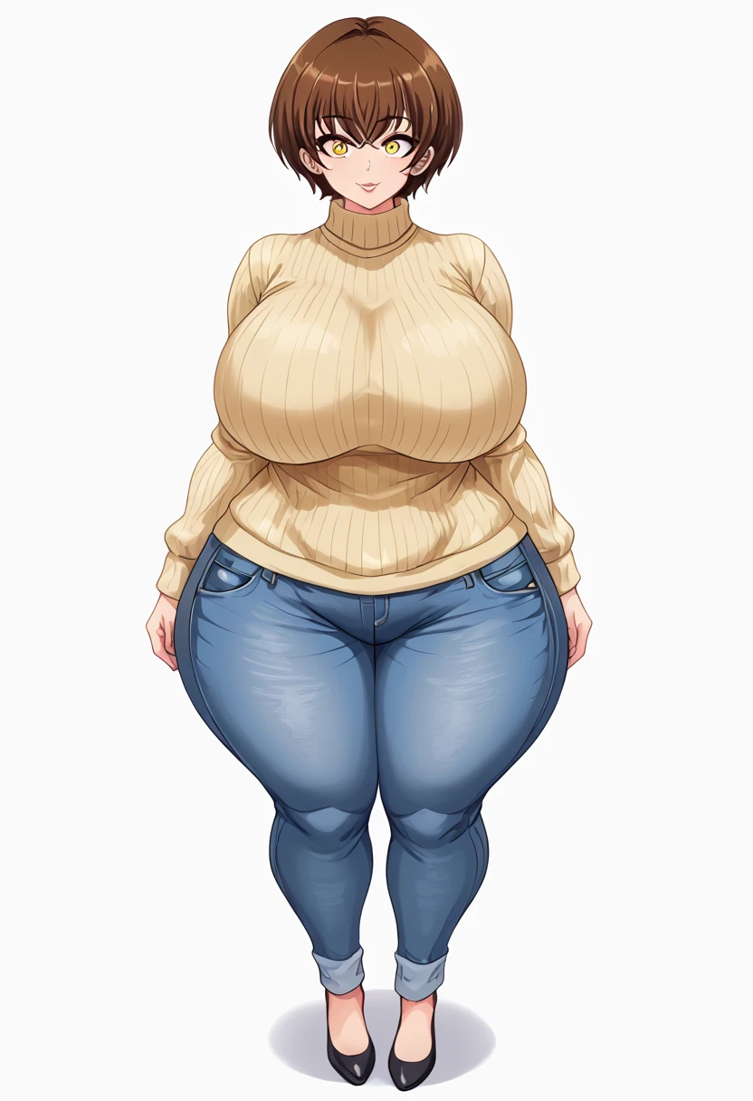 an adult woman, He has a robust and curvy build. Her hips and bust are pronounced, which gives you an hourglass figure, some wrinkles on the face, short brown hair, yellow eyes, big breasts, wide hips,, thick thighs, low height, a very wide beige sweater, pants denim pants, full body view, White background