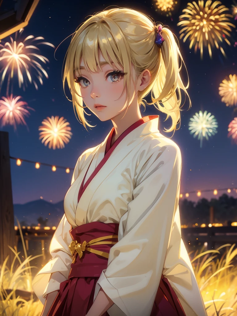 Kyoko , kimono night in firework , blonde hair, pigtailed haired , yellowish eyes