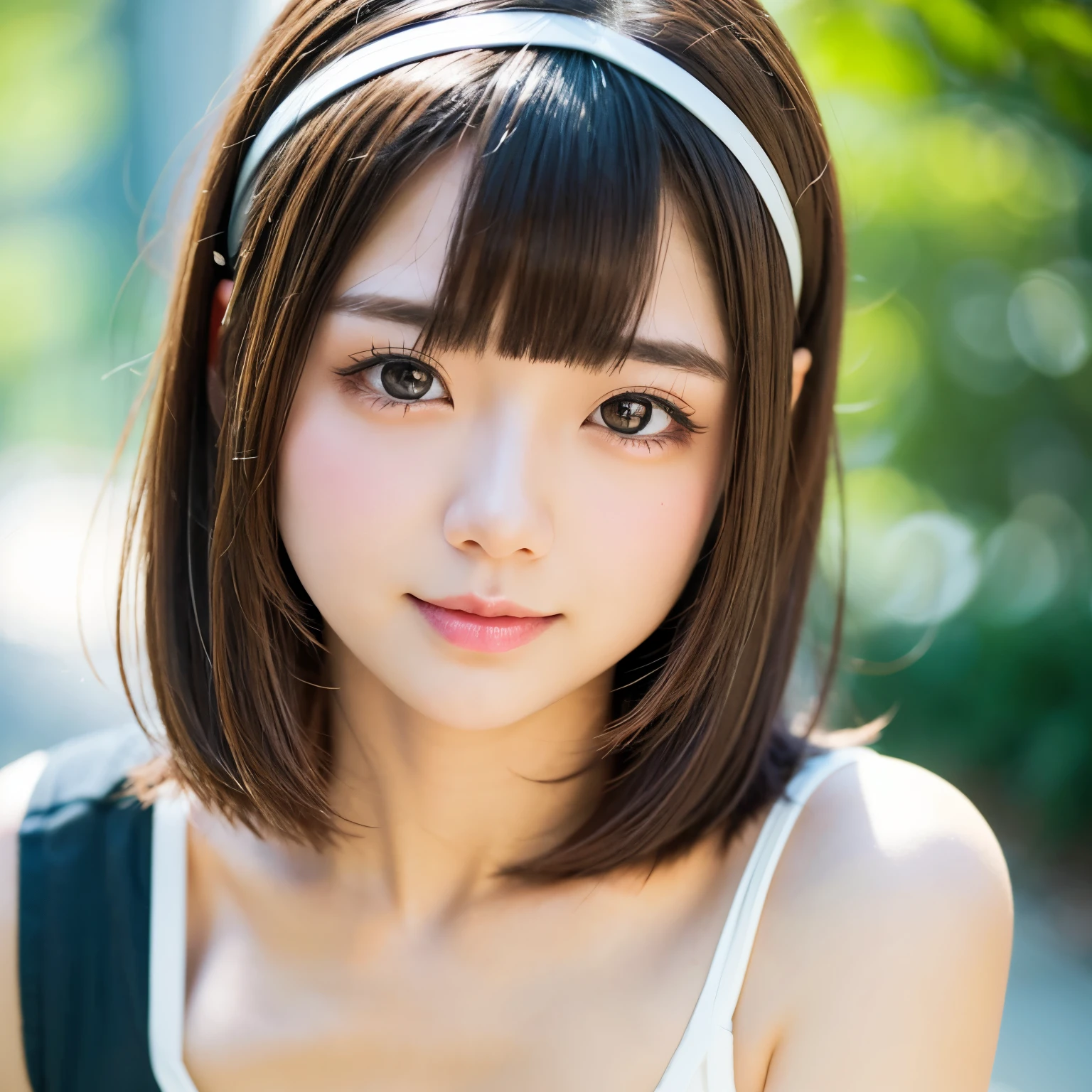 one girl、((smile:0.1))、Medium Bob、Half-up hairstyle、brown hair、delicate girl、Upper body、small breasts、unreasonable precision、Super detailed、completely flat、Honesty、professional lighting, film grain, chromatic aberration, (Eye and face details:1.0), (bokeh:1.1)、software:1.5)))、 highest quality, 8K, 17 years、Wearing a headband、LOL、アフタースクール、Stylish clothing