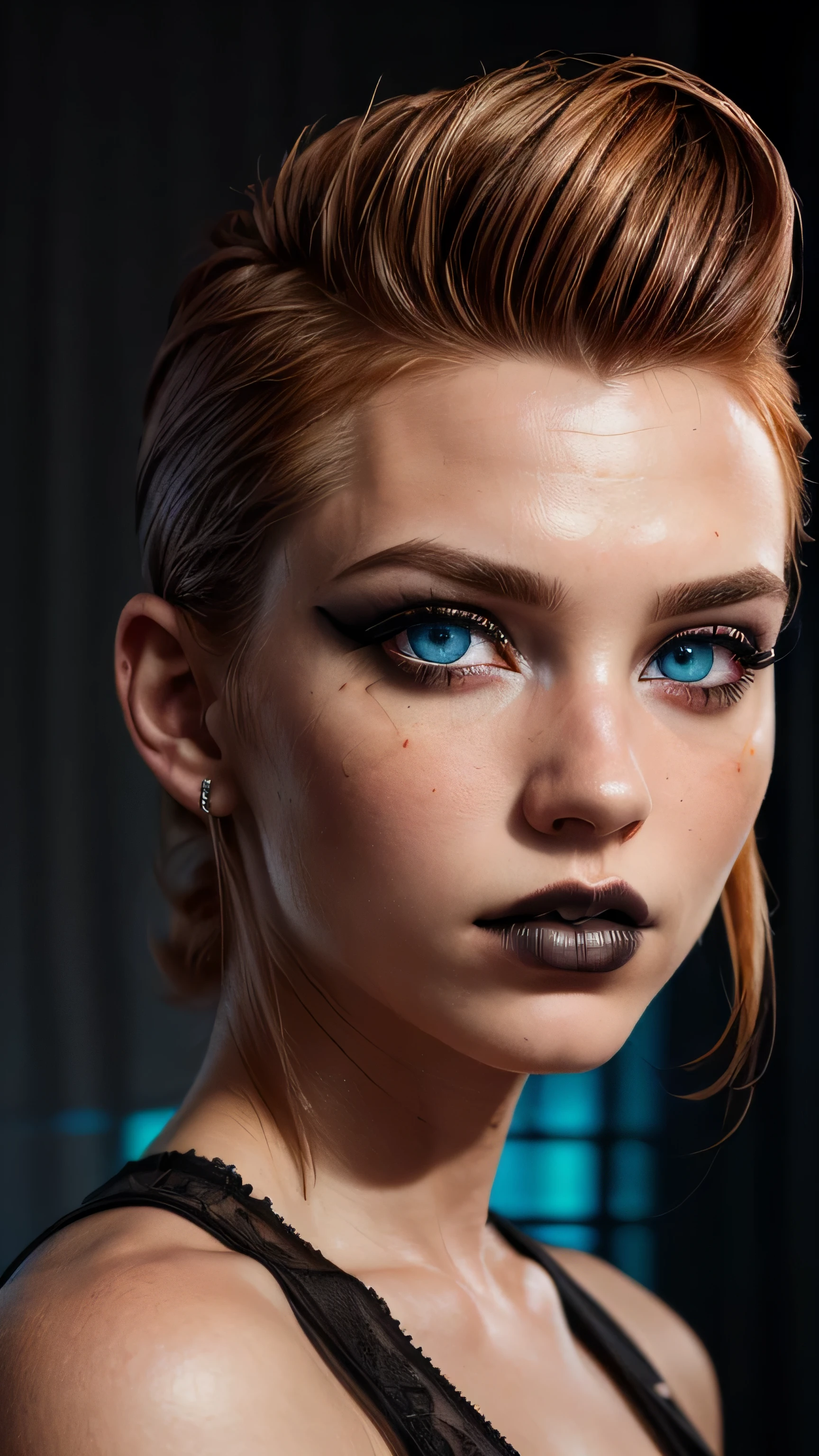 (masterpiece, photorealistic:1.4, extremely intricate:1.3), (photon mapping, radiosity, physically based rendering, ultra resolution, hyper-realistic, 8K), (detailed teenage supermodel, ((blackout gothic eye makeup, portrait, short ginger hair, shaved sides), determined expression)), ice blue eyes