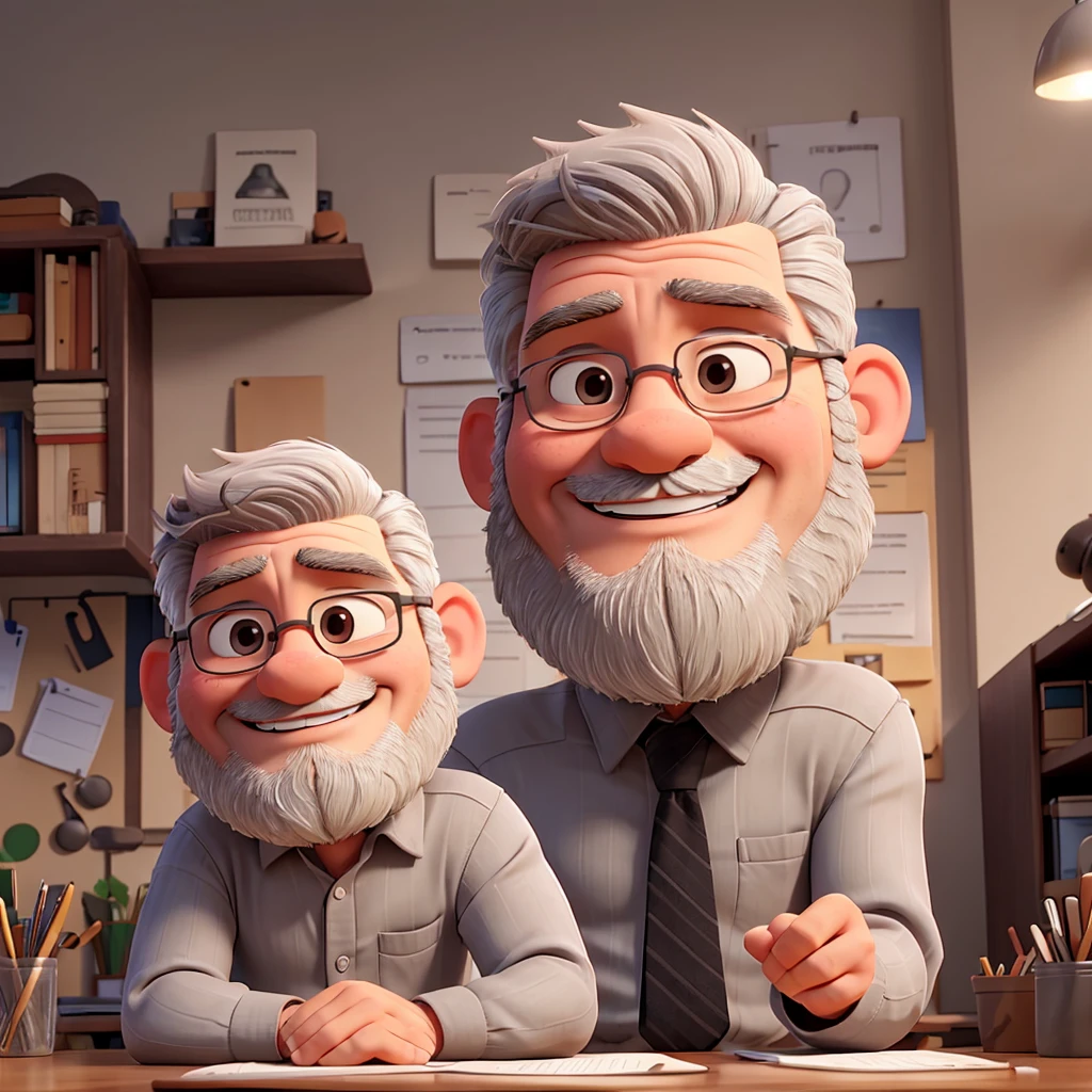 a man, gray hair, little beard, strong body, oval face, smiling, sitting at an office desk