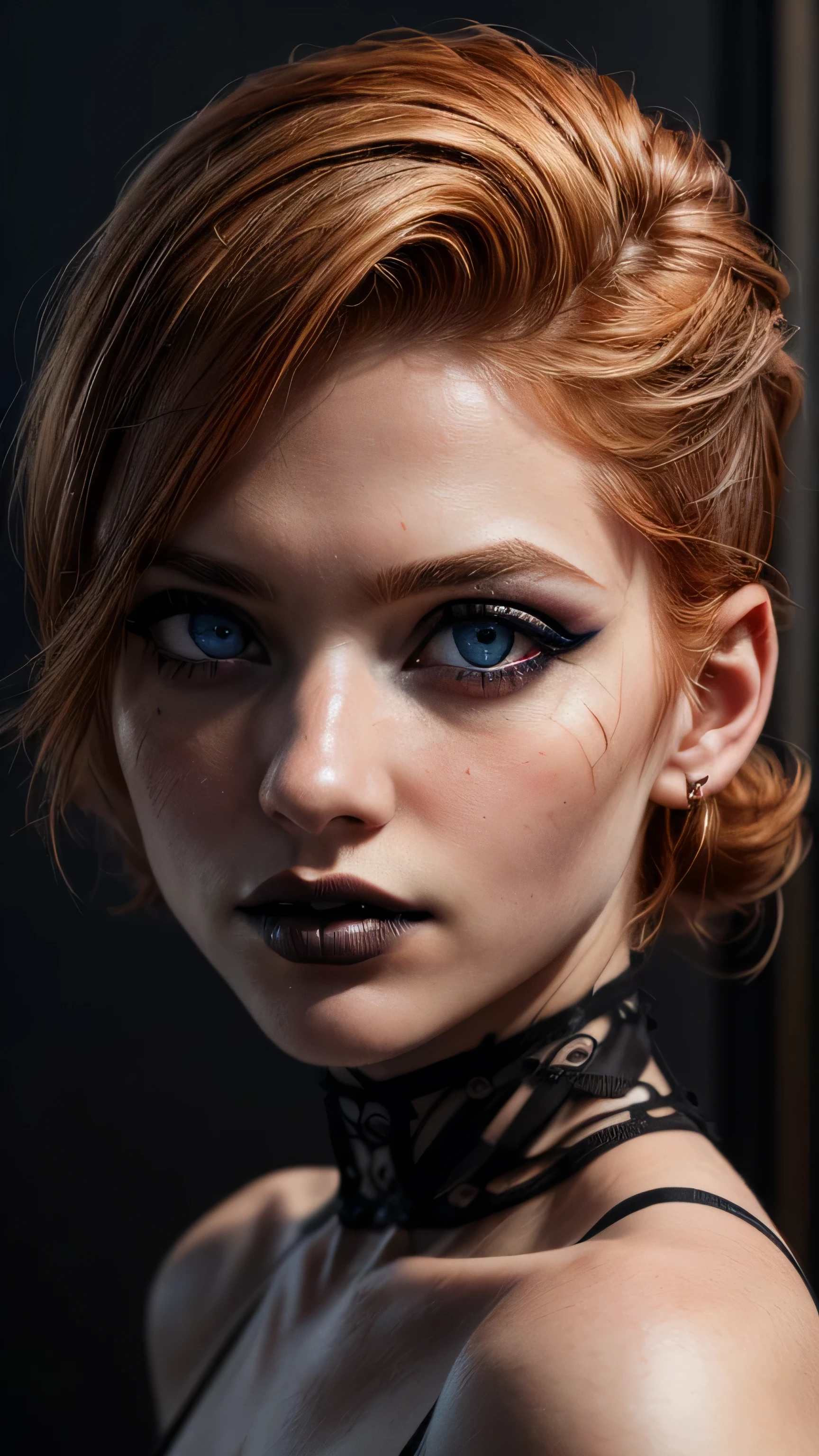(masterpiece, photorealistic:1.4, extremely intricate:1.3), (photon mapping, radiosity, physically based rendering, ultra resolution, hyper-realistic, 8K), (detailed teenage supermodel, ((blackout gothic eye makeup, portrait, short ginger hair, shaved sides), determined expression)), ice blue eyes