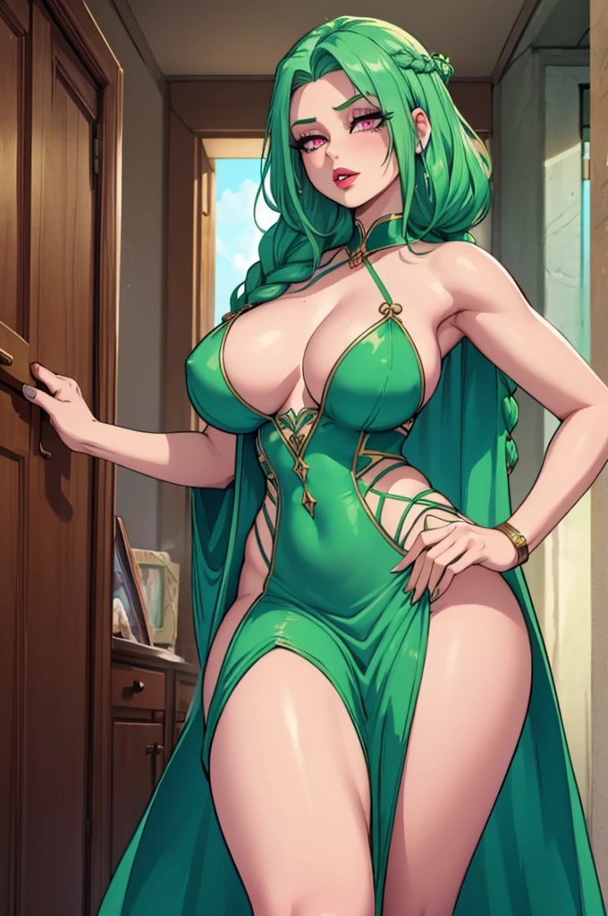 a divine woman with braided green hair, large bust, wide hips, sexy, wearing a beautiful low-cut dress, with real mantis legs, posing in a sexy way, pink eyes and intense red lipstick