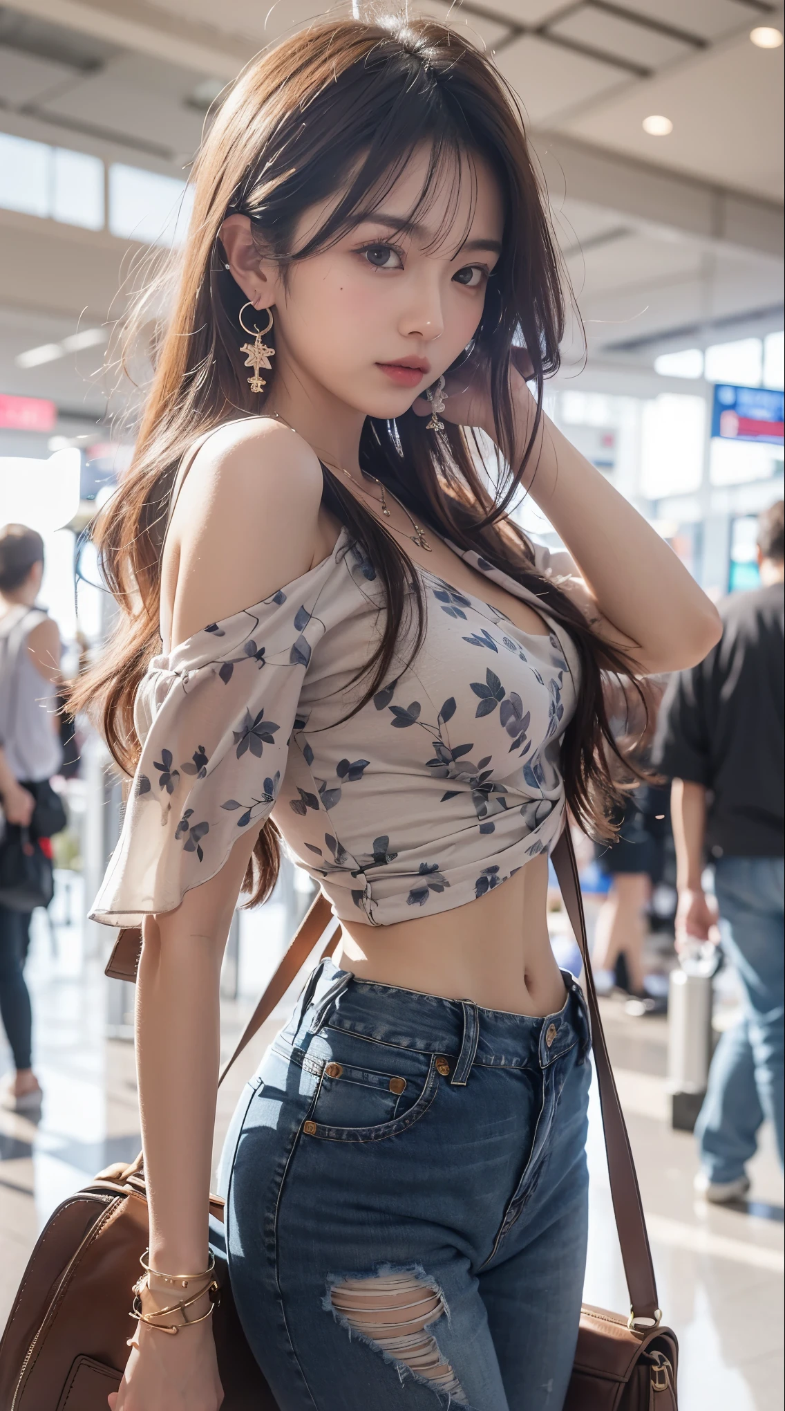 Beautiful Japanese Waifu, early 30s, brunette hair, ear rings and necklace, white shirt with naked shoulders, jeans, messenger bag, in a busy airport