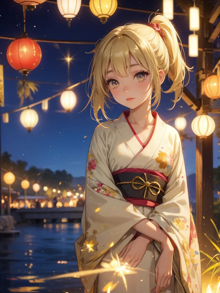 Kyoko , kimono night in firework , blonde hair, pigtailed haired , yellowish eyes