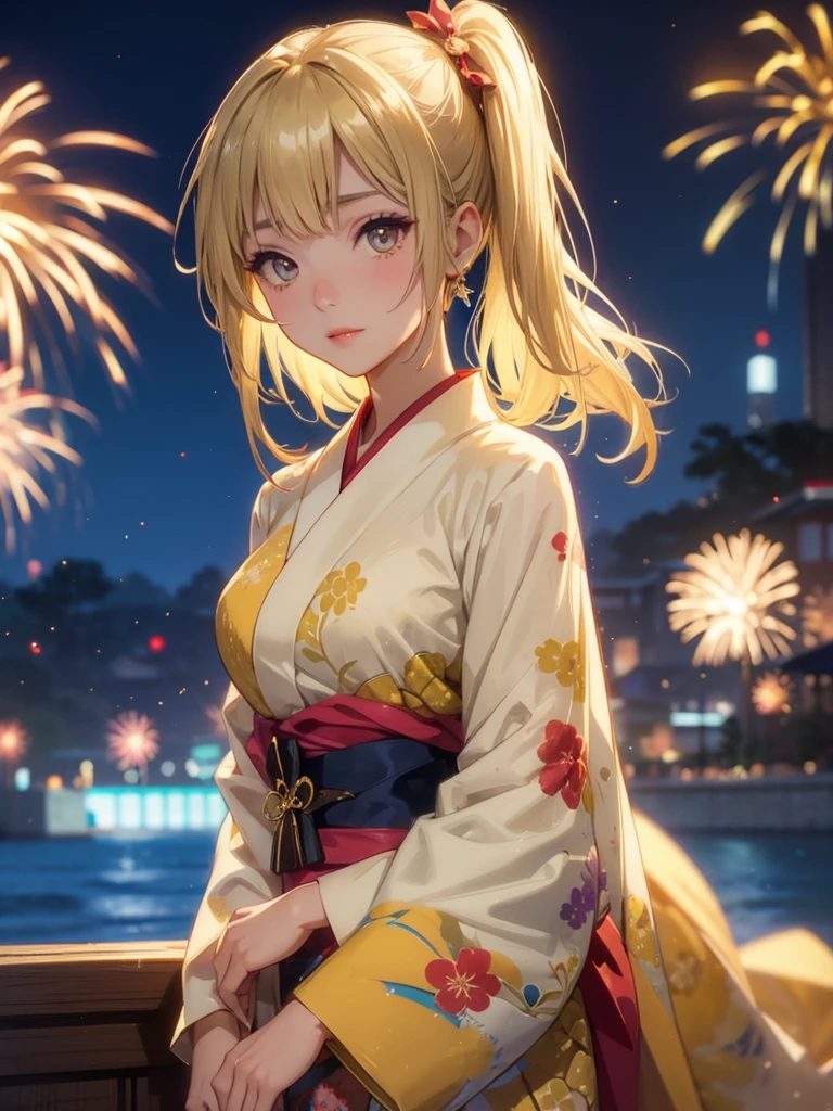 Kyoko , kimono night in firework , blonde hair, pigtailed haired , yellowish eyes