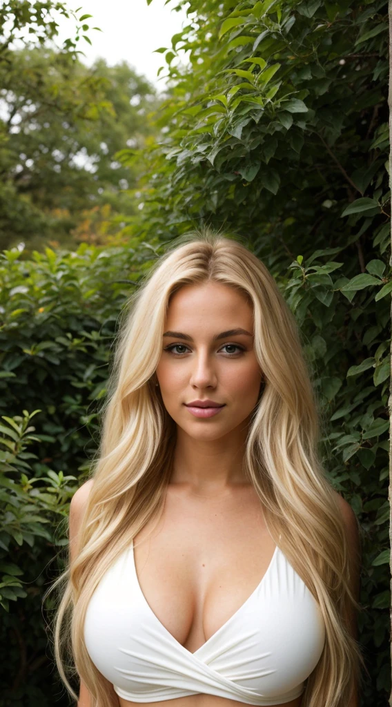 A 23-year-old blonde woman, ((big breasts)), ((hyperrealism)) ,. Blonde hair with light brown roots. blond hair, Hair with brown roots, extra long hair, very long hair, very long hair, beautiful, front view, autophoto, photo taken with iPhone, elegante camisa negra con neckline, low-cut, autophoto in the garden, high quality, autophoto iPhone, neckline
