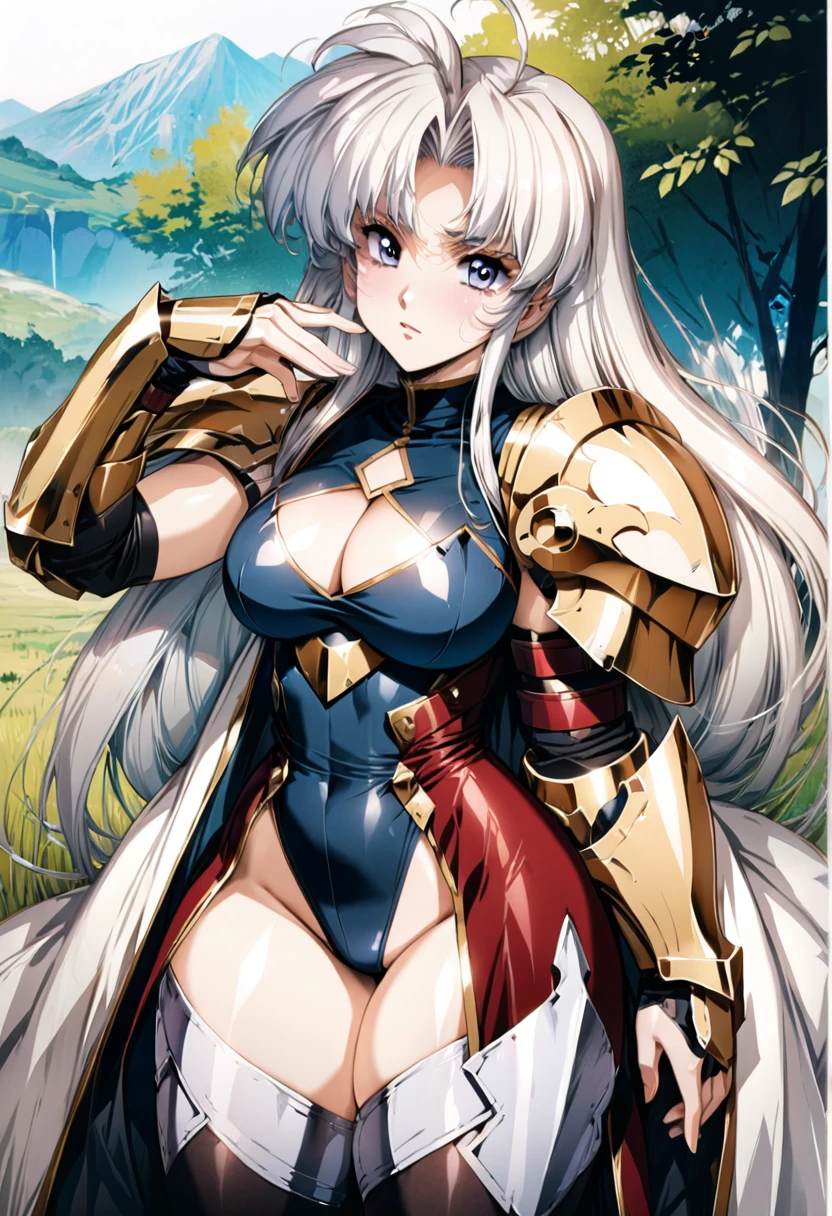 ((highest quality)), ((masterpiece)), ((hyperrealistic)), (detailed background), shoot from behind, anime style, solo, 1girl, langrisser sherry, ((curvy: 1.2)), kawaii, ((fantasy armor: 1.3)), silver short hair, ahoge, (white paladin armor), ((monochrome pattern leotard)), ((large breasts)), ((arm guard gauntlet)), (breastplate), (big butt), (thighs), (groin), beautiful aqua eyes, perfect face, Perfect hands, perfect fingers, Blue sky and grassland,