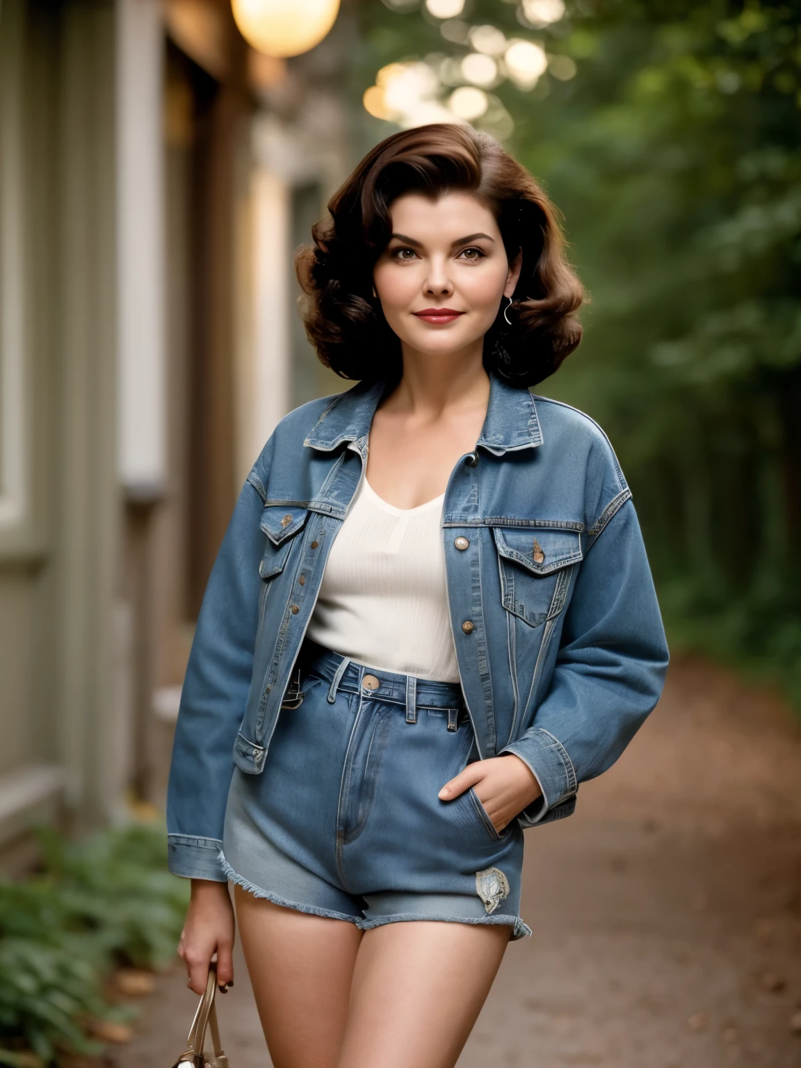 Audrey Horne (Sherilyn Fenn) from the 1990 Twin Peaks series, thick and bouffant hair, denim shorts, denim loose jacket, blue eye, small mole opposite left eye, 90's, mole under eye, light smile, closed mouth, brown hair, hair behind ear, short hair, hair one side up, big hair, expressive hair, bob cut, hair spread out, floating hair, bokeh, UHD, best quality