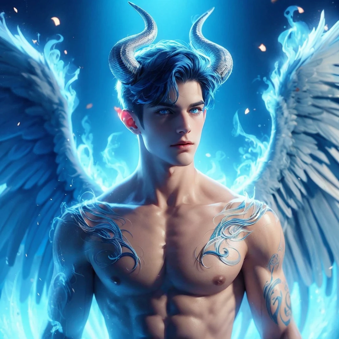 Handsome boy, blue hair, shining blue eyes, blue wings
