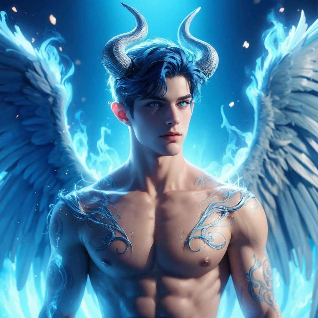 Handsome boy, blue hair, shining blue eyes, blue wings