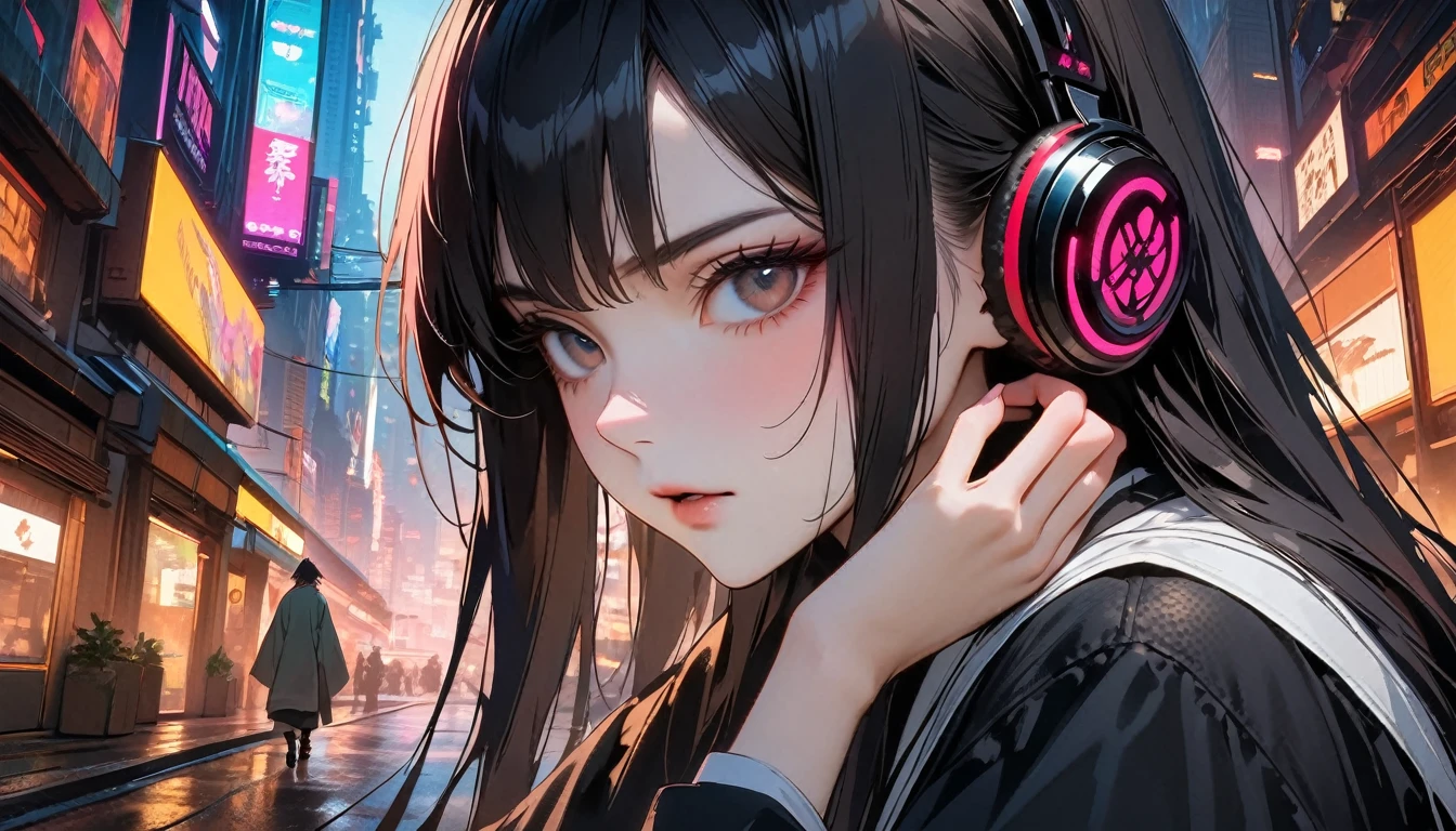 (((8K, Masterpiece, high resolution, highest quality, highest quality real texture skin))), ((wearing Japanese pattern headphones)), (((1 girl))), (((Shinsengumi no Haori))), (((Hold the sword close to your face))), (((Cyberpunk City at Night))), ((sunglasses)), (((Maid))), (Black shiny hair, beige skin)