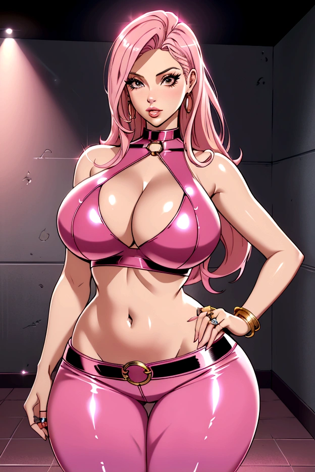 girls, group, hourglass body, huge breasts, cleavage showing, wide hips, thick thighs, big butt, tall, long detailed eyelashes, perfectly flat stomach, full lips, pink hair, concept halter latex top and latex pants, torso closeup, stairwell, soft lighting, (ring light),