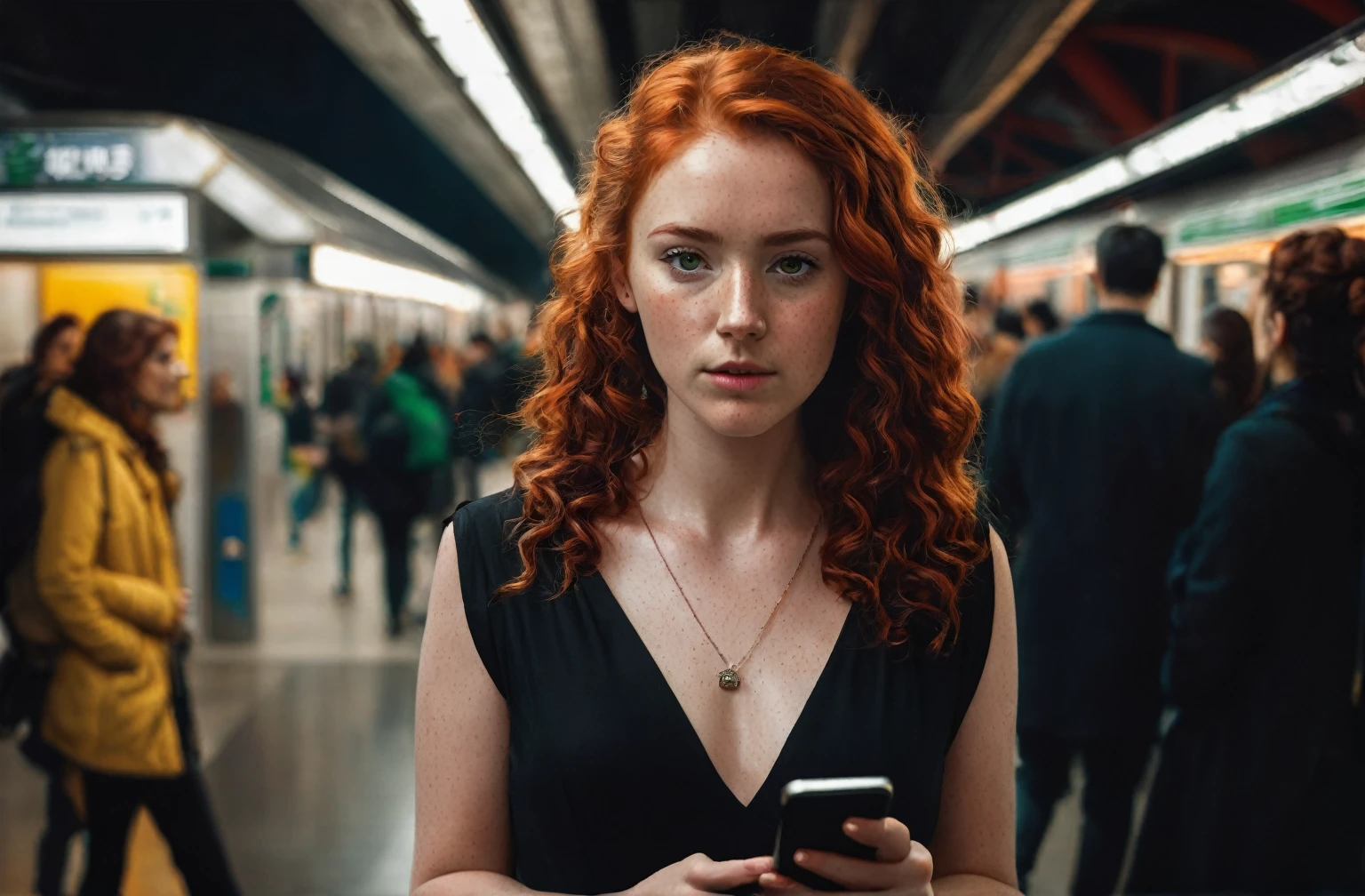 a beautiful red-haired Irish woman with curly hair and freckles on her face, green eyes, wearing a black dress, looking at her phone in a subway station, realistic portrait, highly detailed, hyper-realistic, cinematic lighting, warm color tones, photorealistic, intricate details, sharp focus, masterpiece, 8k