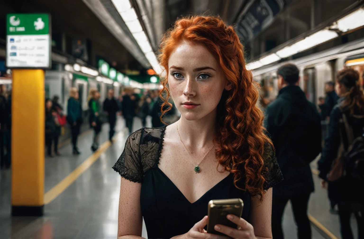 a beautiful red-haired Irish woman with curly hair and freckles on her face, green eyes, wearing a black dress, looking at her phone in a subway station, realistic portrait, highly detailed, hyper-realistic, cinematic lighting, warm color tones, photorealistic, intricate details, sharp focus, masterpiece, 8k