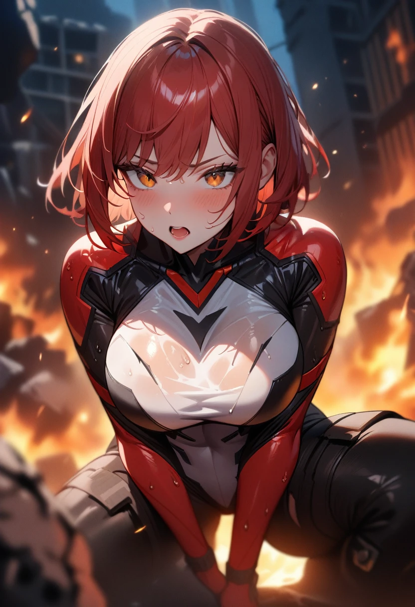 1girl,solo,super detailed skin,shiny skin,wet skin,expressionless ,open mouth,Clenching teeth,eyelashes,lips gloss,red hair,bob hair,short hair ,large breasts ,bodysuit ,boots,fire punch,night ruins,pov,masterpiece,best quality,ultra detailed,high resolution,sharp focus,depth of field