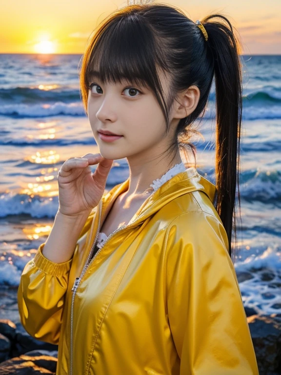 (RAW Photos), (Highest quality), masterpiece, 1 Girl, ((short twintails)), head shot, Seaside, Sunset, Gold, Wave, splash, dynamic, Energetic