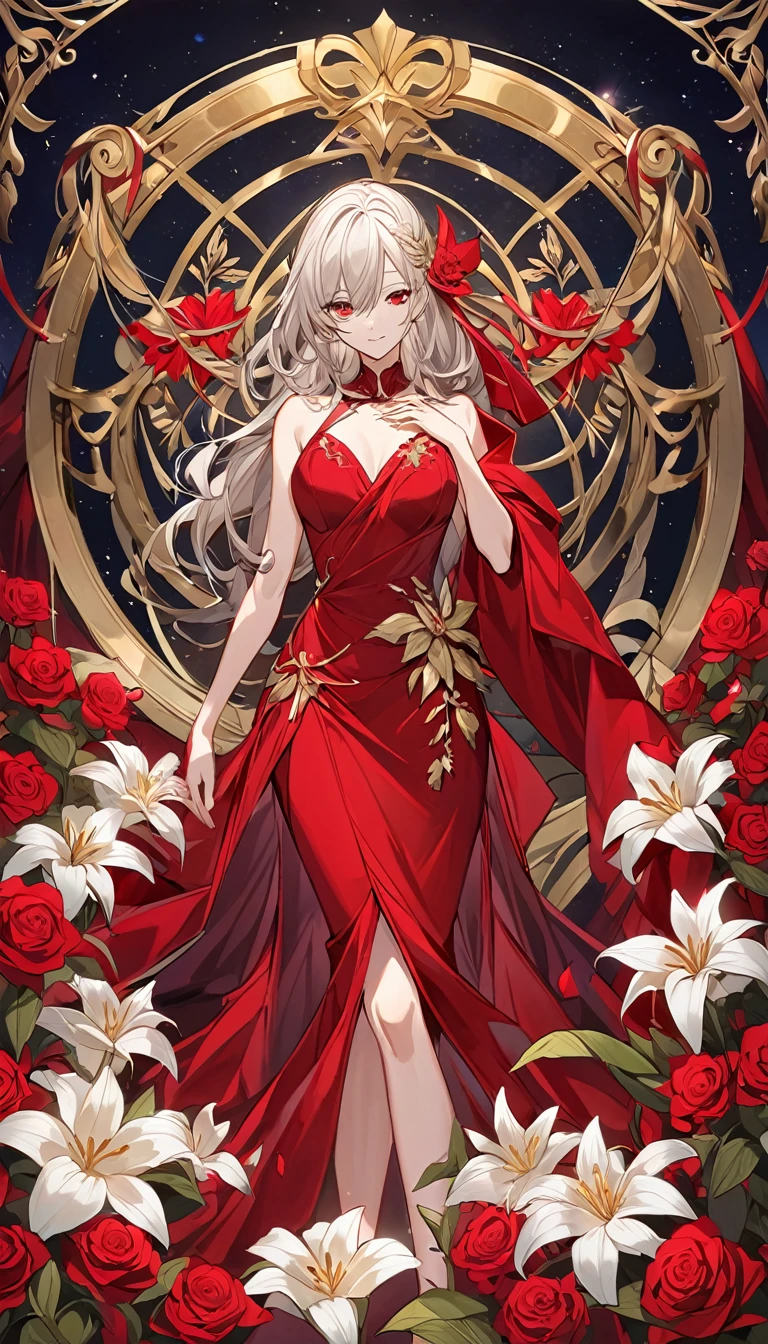 fille allongés sur le ventre sur des fleurs rouges. Elle a des yeux rouges et de long cheveux blonds. Elle porte une robe rouge.