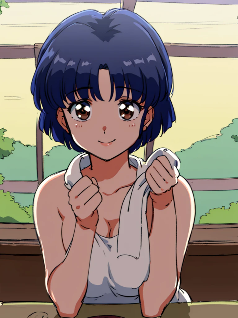 HDR, CG, sharp focus, (8k), (4k), masterpiece, best quality, detailed skin, extremely detailed, hiper detailed, sharp focus, looking at viewer, high quality, AKANE, Akane tendou, short hair, blue hair, brown eyes , tetas grandes, solo, 1girl, hands on chest,  towel, waving, happy smile, hot springs, inside water, 
