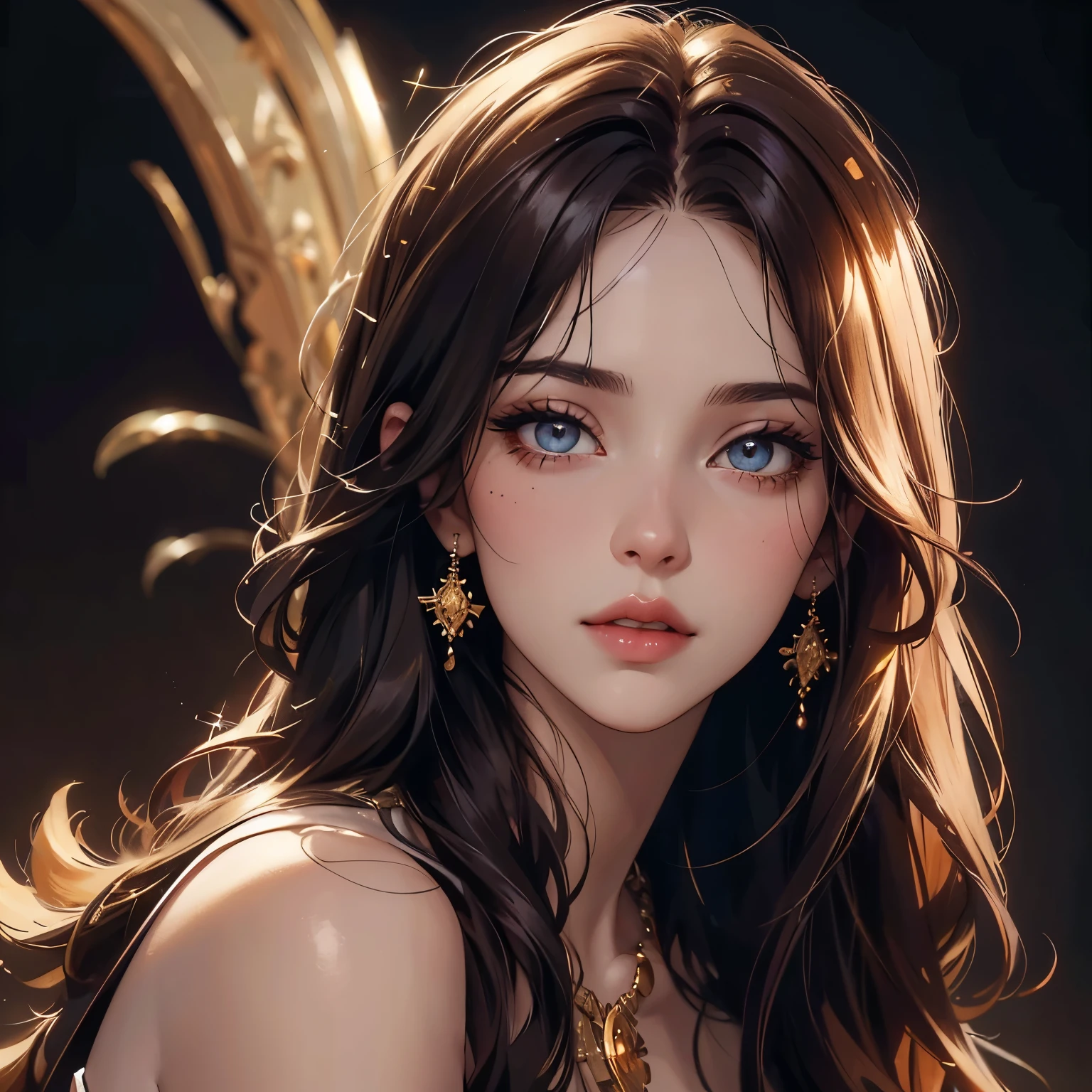 woman, clear skin, detailed eyes, pretty lashes, pretty dark red lipgloss, summerdress, halfbody,a intricate jewelry, sparkling hair,, beautiful detailed eyes, beautiful detailed lips, extremely detailed face, long eyelashes, (best quality,4k,8k,highres,masterpiece:1.2),ultra-detailed,(realistic,photorealistic,photo-realistic:1.37),professional,vivid colors,dramatic lighting,cinematic composition,elegant portraiture, gold hair,, Clear Theme, Perfect Composition Ratio, Masterpiece, Best Quality, 4K, Sharp Focus. Better Hand, Perfect Anatomy. by AYMSHANK,Julia Razumova's and style of Carne Griffiths
