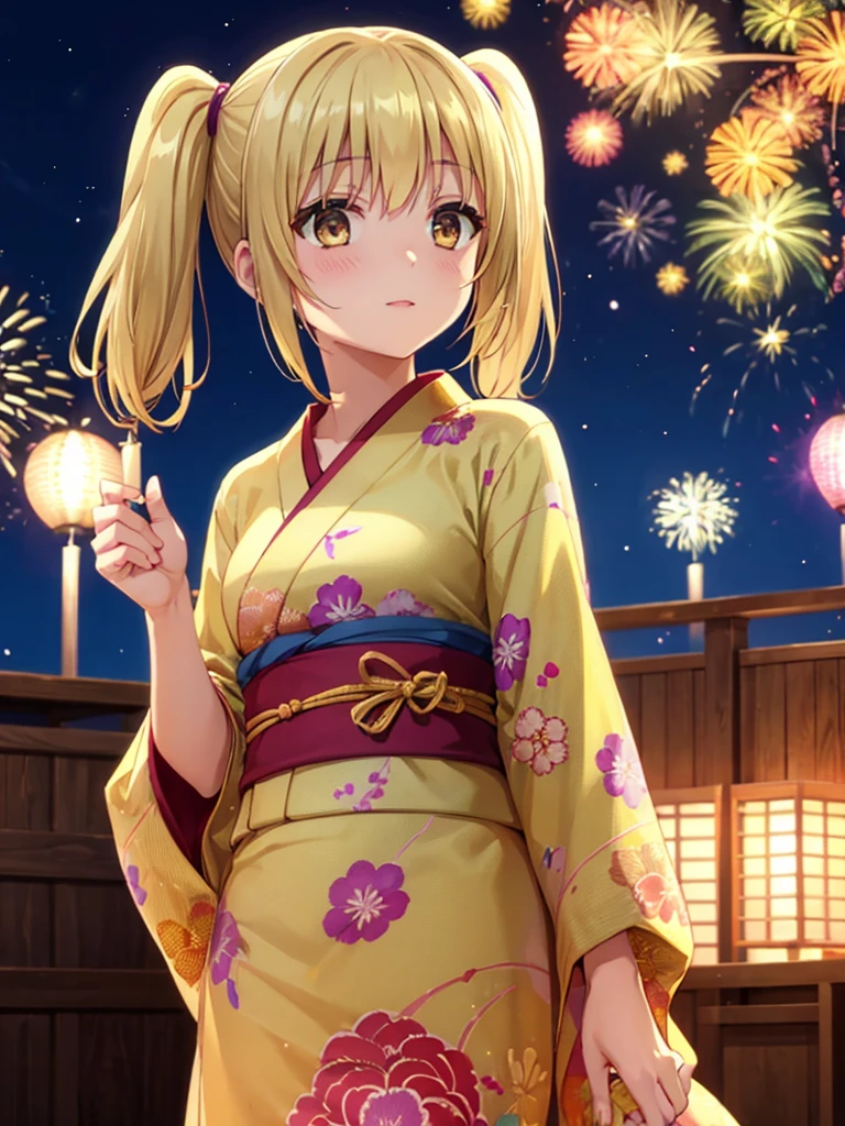 Kyoko , kimono night in firework , blonde hair, pigtailed haired , yellowish eyes