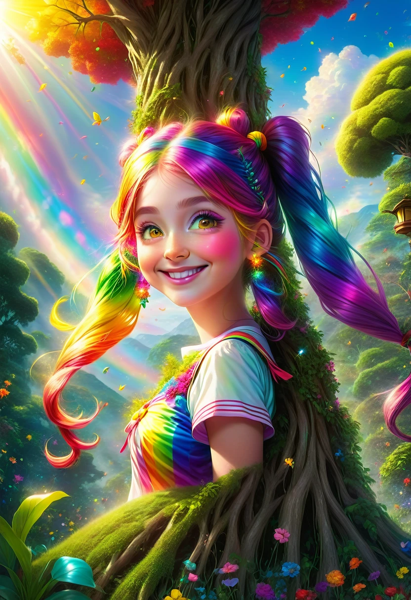 1 girl、Accurately draw long rainbow-colored pigtails:1.9、A smiley face with a hint of madness、face is distorted、Beautiful magical girl jumping from a tall tree in a magical garden、Shining morning sunlight、Low Angle Shots:1.75、Close up of a girl、Very detailed、complicated、Photorealistic、8K、HDR、Cinematic lighting、Bright colors、Soft and dreamy