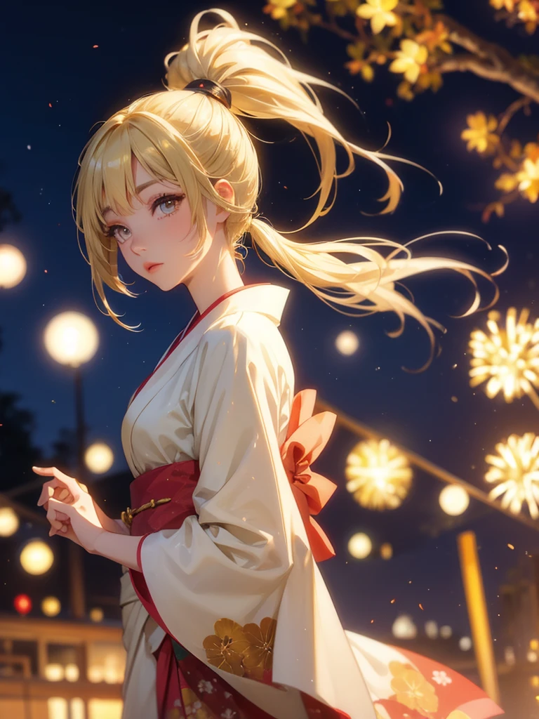 Kyoko , kimono night in firework , blonde hair, pigtailed haired , yellowish eyes