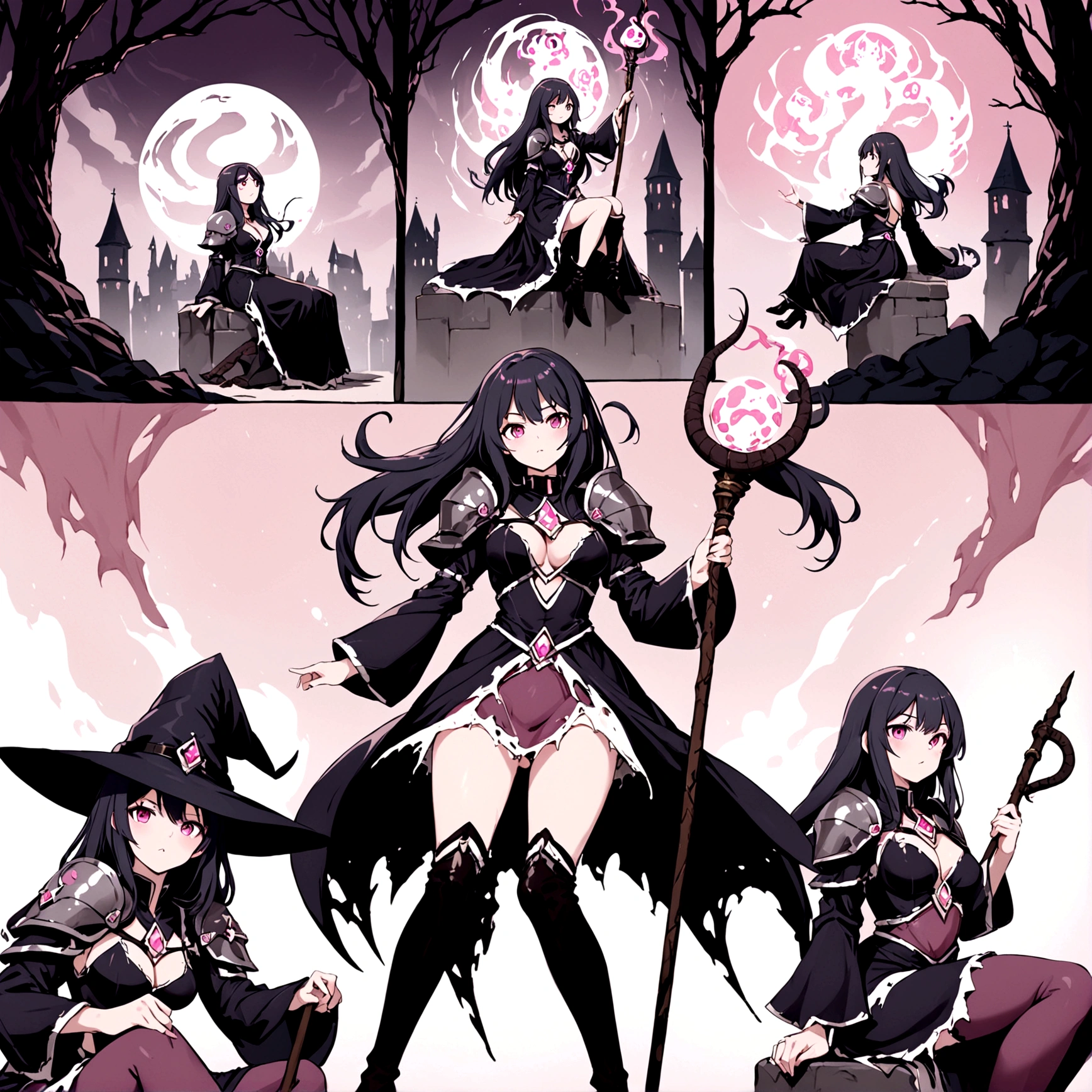 Lorana character adult is a witch in a dark torn dress, silver shoulder pads: snake reliefs, orbs: pink skulls sketchbook: the character in 3 ways front, back and in profile, various poses: combat, sitting, Snake Staff: emanation of dark in a medieval city