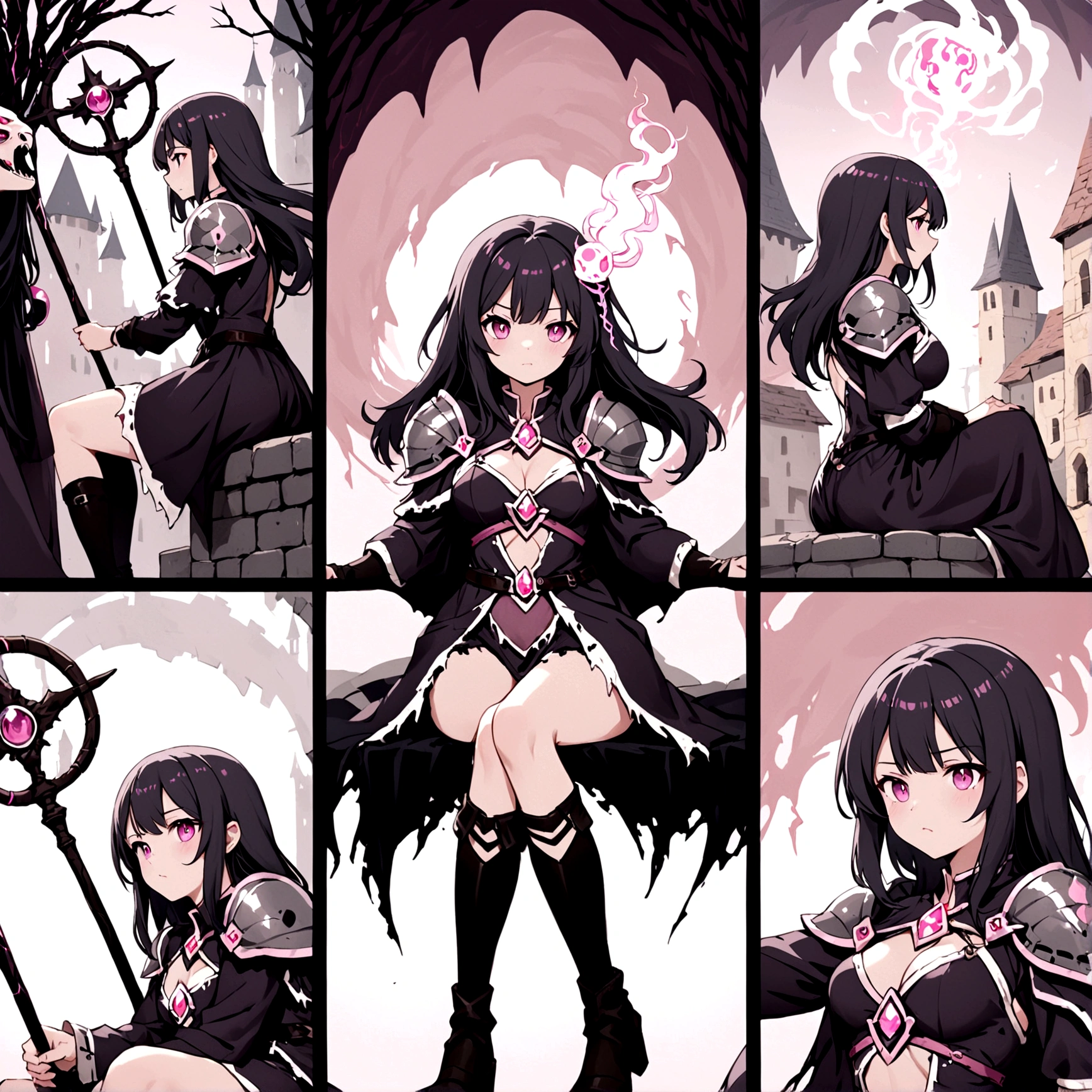 Lorana character adult is a witch in a dark torn dress, silver shoulder pads: snake reliefs, orbs: pink skulls sketchbook: the character in 3 ways front, back and in profile, various poses: combat, sitting, Snake Staff: emanation of dark in a medieval city