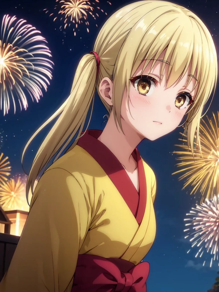 Kyoko , kimono night in firework , blonde hair, pigtailed haired , yellowish eyes