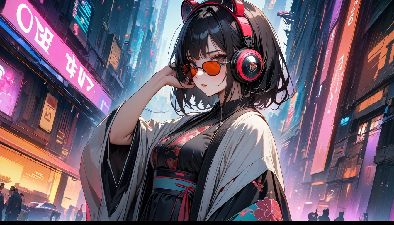(((8K, Masterpiece, high resolution, highest quality, highest quality real texture skin))), ((wearing Japanese pattern headphones)), (((1 girl))), (((Japanese pattern haori))), (((Hold the sword close to your face))), (((Cyberpunk City at Night))), ((sunglasses)), (((Maid))), (Black shiny hair, beige skin)
