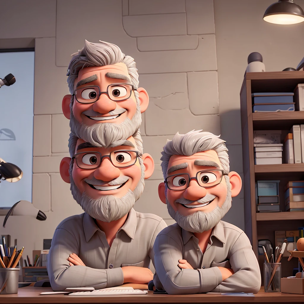 a man, gray hair, little beard, strong body, smiling, sitting at an office desk