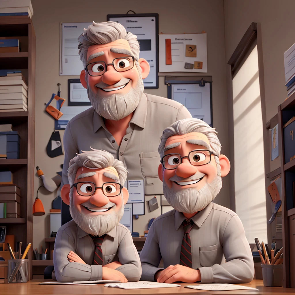 a man, gray hair, little beard, strong body, smiling, sitting at an office desk