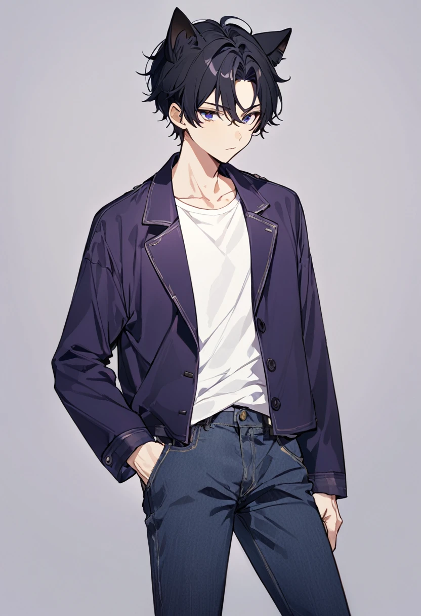1man, short black hair, black cat ears, wearing purple buttoned jacket, wearing white undershirt, wearing dark blue jeans