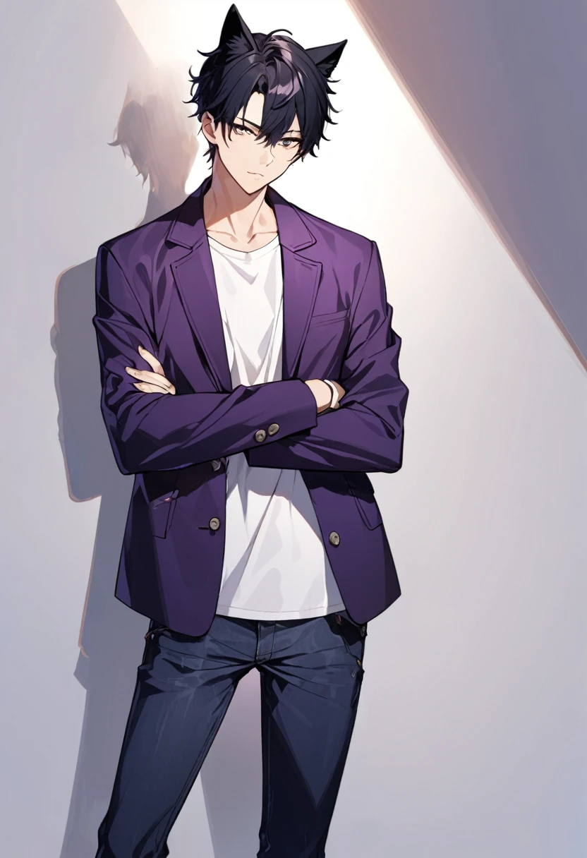 1man, short black hair, black cat ears, wearing purple buttoned jacket, wearing white undershirt, wearing dark blue jeans