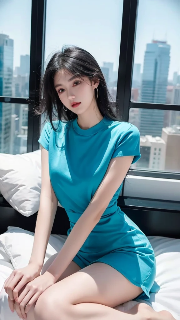 ((Best quality, 8k, Masterpiece :1.3)), Full body, Sharp focus :1.2, Beautiful woman with perfect figure :1.4, Slender stomach :1.2, ((cyan hair)), body dress : 1.1 , (Night city view , Bedroom :1.1), Highly detailed facial and skin textures, Detailed eyes, Double eyelids, Interior view, Office, Sweet smile, Beautiful pose, Hair tie pose, Dress modestly, short sleeves, shorts, ((cyan and black hair color)), 20 year old teenager.