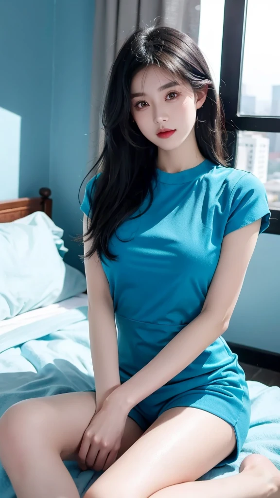 ((Best quality, 8k, Masterpiece :1.3)), Full body, Sharp focus :1.2, Beautiful woman with perfect figure :1.4, Slender stomach :1.2, ((cyan hair)), body dress : 1.1 , (Night city view , Bedroom :1.1), Highly detailed facial and skin textures, Detailed eyes, Double eyelids, Interior view, Office, Sweet smile, Beautiful pose, Hair tie pose, Dress modestly, short sleeves, shorts, ((cyan and black hair color)), 20 year old teenager.