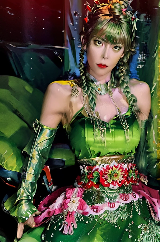 a divine woman with braided green hair, large bust, wide hips, sexy, wearing a beautiful low-cut dress, with real mantis legs, posing in a sexy way, pink eyes and intense red lipstick