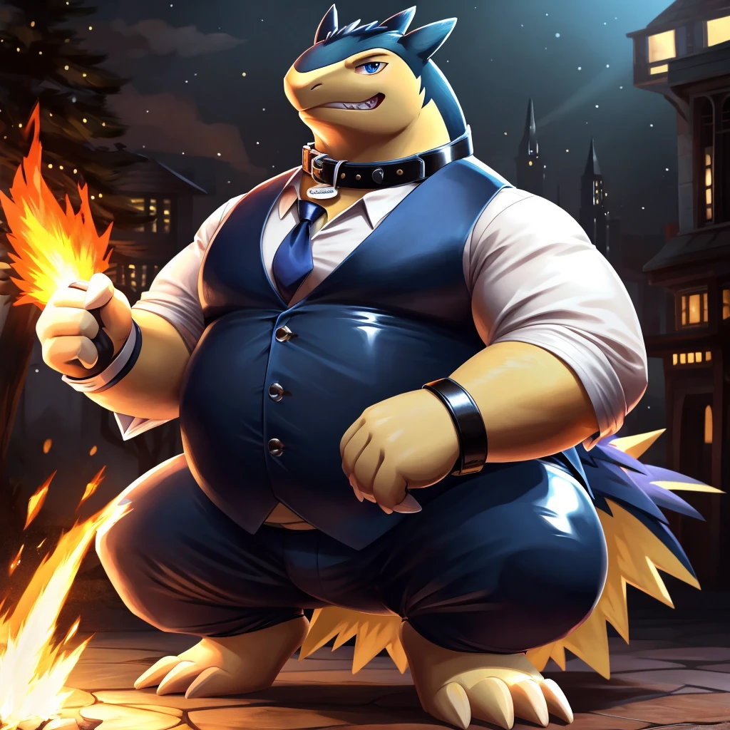 Solo, Male, fat, squatting, extremely obese, gentleman, dapper Professor Typhlosion, blue eyes, (soft shading), 4k, hi res, ((detailed face, detailed)), looking at viewer, evil grin, collared shirt with buttons, top hat, male focus, Tuxedo glasses, monocle, vest with buttons, sleeves rolled up, round eyewear, brown headwear, brown vest, Typhlosion is wearing a glossy leather dog collar around the neck, Typhlosion is wearing the leather collar and shirt and vest at the same time, Typhlosion is wearing glossy white rubber gloves on the hands, wearing white rubber gloves on the feet, Typhlosion is wearing glossy white cuffs around the wrists with cufflinks, gloves are rubber in texture, clenching teeth, clenching fists, leather collar is glossy and shiny with a lot of detail, Typhlosion is wearing gloves and cuffs and cufflinks at the same time, leather collar has a round dog-tag, leather collar is thick and detailed.