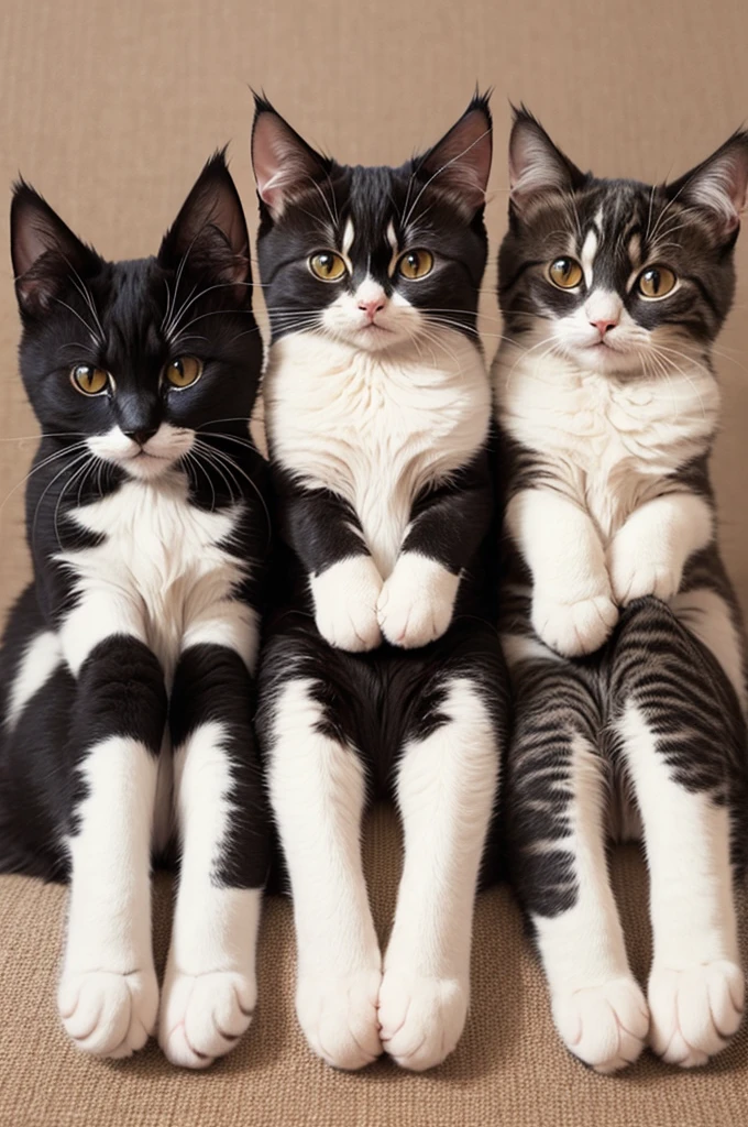 raise 3 cats sitting together, the one on the left has its paws covering its eyes, the one in the middle has its paws covering its ears, the one on the right has its paws covering its mouth, I want a cute 3d image