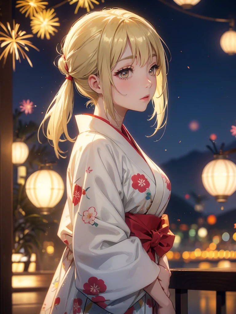 Kyoko , kimono night in firework , blonde hair, pigtailed haired , yellowish eyes