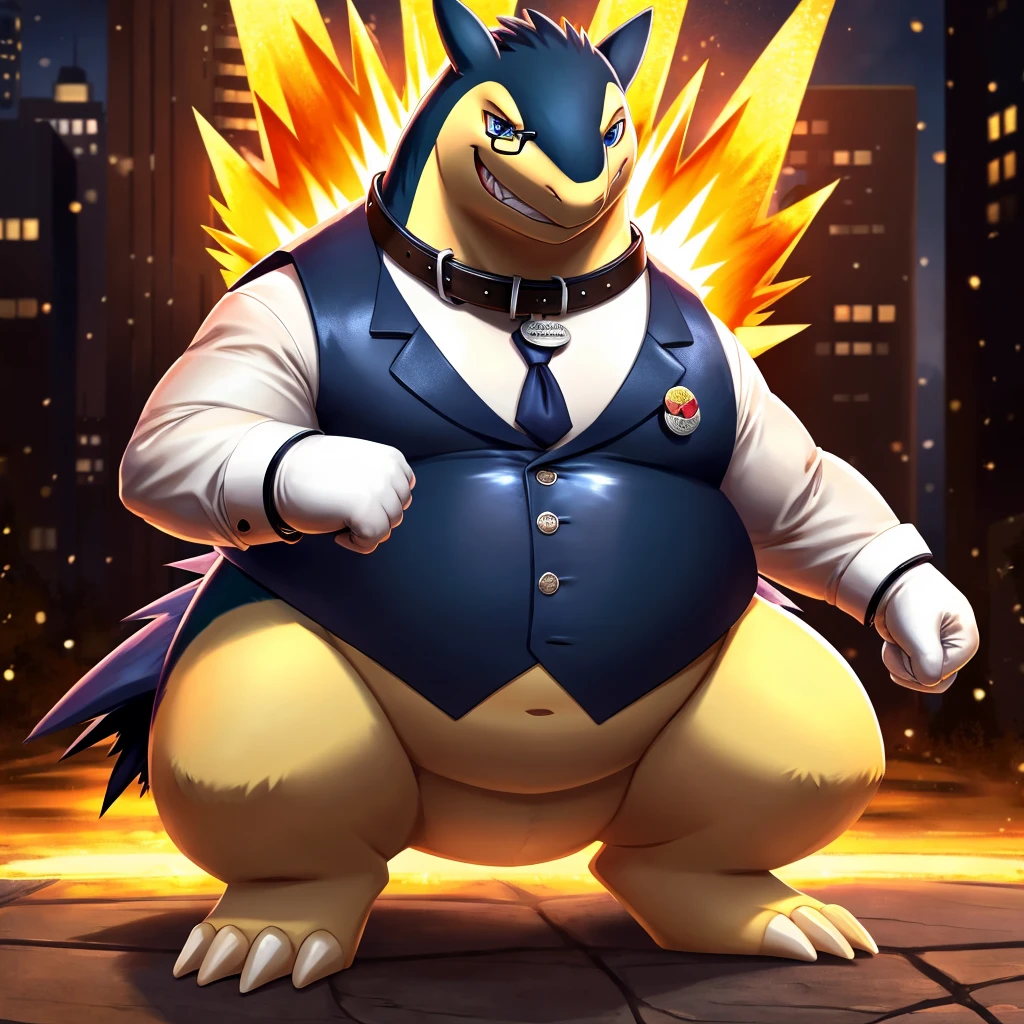 Solo, Male, fat, squatting, extremely obese, gentleman, dapper Professor Typhlosion, blue eyes, (soft shading), 4k, hi res, ((detailed face, detailed)), looking at viewer, evil grin, collared shirt with buttons, top hat, male focus, Tuxedo glasses, monocle, vest with buttons, sleeves rolled up, round eyewear, brown headwear, brown vest, Typhlosion is wearing a glossy leather dog collar around the neck, Typhlosion is wearing the leather collar and shirt and vest at the same time, Typhlosion is wearing glossy white rubber gloves on the hands, wearing white rubber gloves on the feet, Typhlosion is wearing glossy white cuffs around the wrists with cufflinks, gloves are rubber in texture, clenching teeth, clenching fists, leather collar is glossy and shiny with a lot of detail, Typhlosion is wearing gloves and cuffs and cufflinks at the same time, leather collar has a round dog-tag, leather collar is thick and detailed.