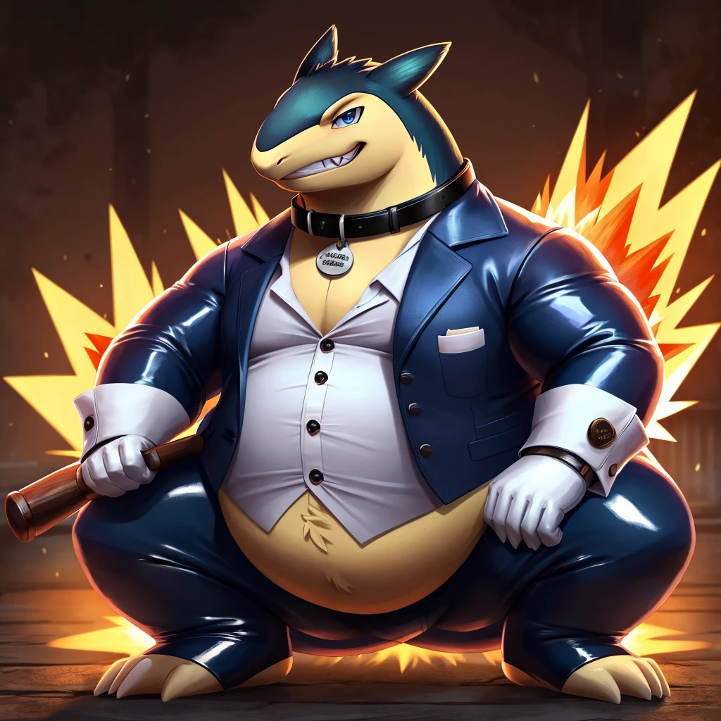 Solo, Male, fat, squatting, extremely obese, gentleman, dapper Professor Typhlosion, blue eyes, (soft shading), 4k, hi res, ((detailed face, detailed)), looking at viewer, evil grin, collared shirt with buttons, top hat, male focus, Tuxedo glasses, monocle, vest with buttons, sleeves rolled up, round eyewear, brown headwear, brown vest, Typhlosion is wearing a glossy leather dog collar around the neck, Typhlosion is wearing the leather collar and shirt and vest at the same time, Typhlosion is wearing glossy white rubber gloves on the hands, wearing white rubber gloves on the feet, Typhlosion is wearing glossy white cuffs around the wrists with cufflinks, gloves are rubber in texture, clenching teeth, clenching fists, leather collar is glossy and shiny with a lot of detail, Typhlosion is wearing gloves and cuffs and cufflinks at the same time, leather collar has a round dog-tag, leather collar is thick and detailed.